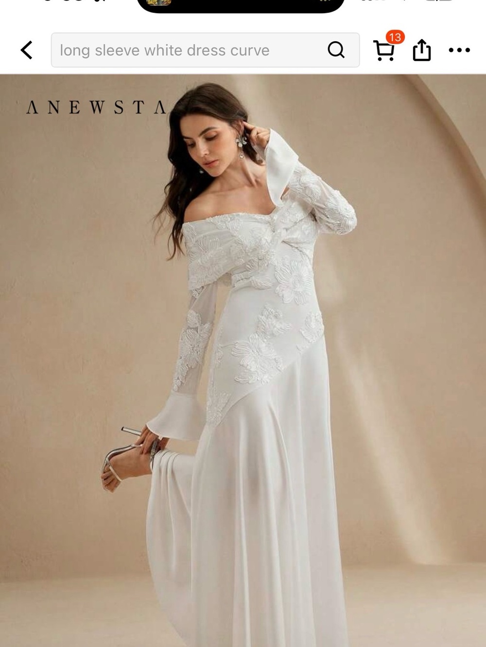 Anewsta Off-Shoulder White Lace Long Sleeve Wedding Gown